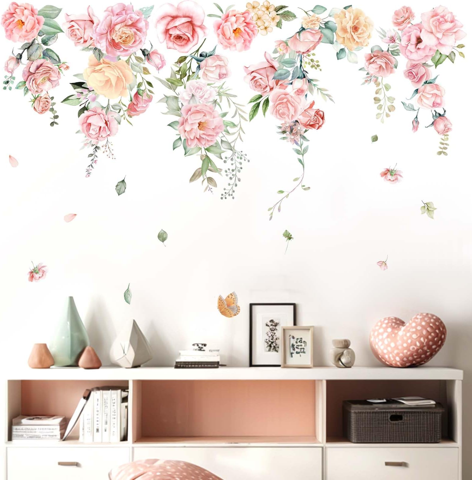 Amazon.com: Amimagen Large Flower Wall Decals - Hanging Vine Pink Rose ...