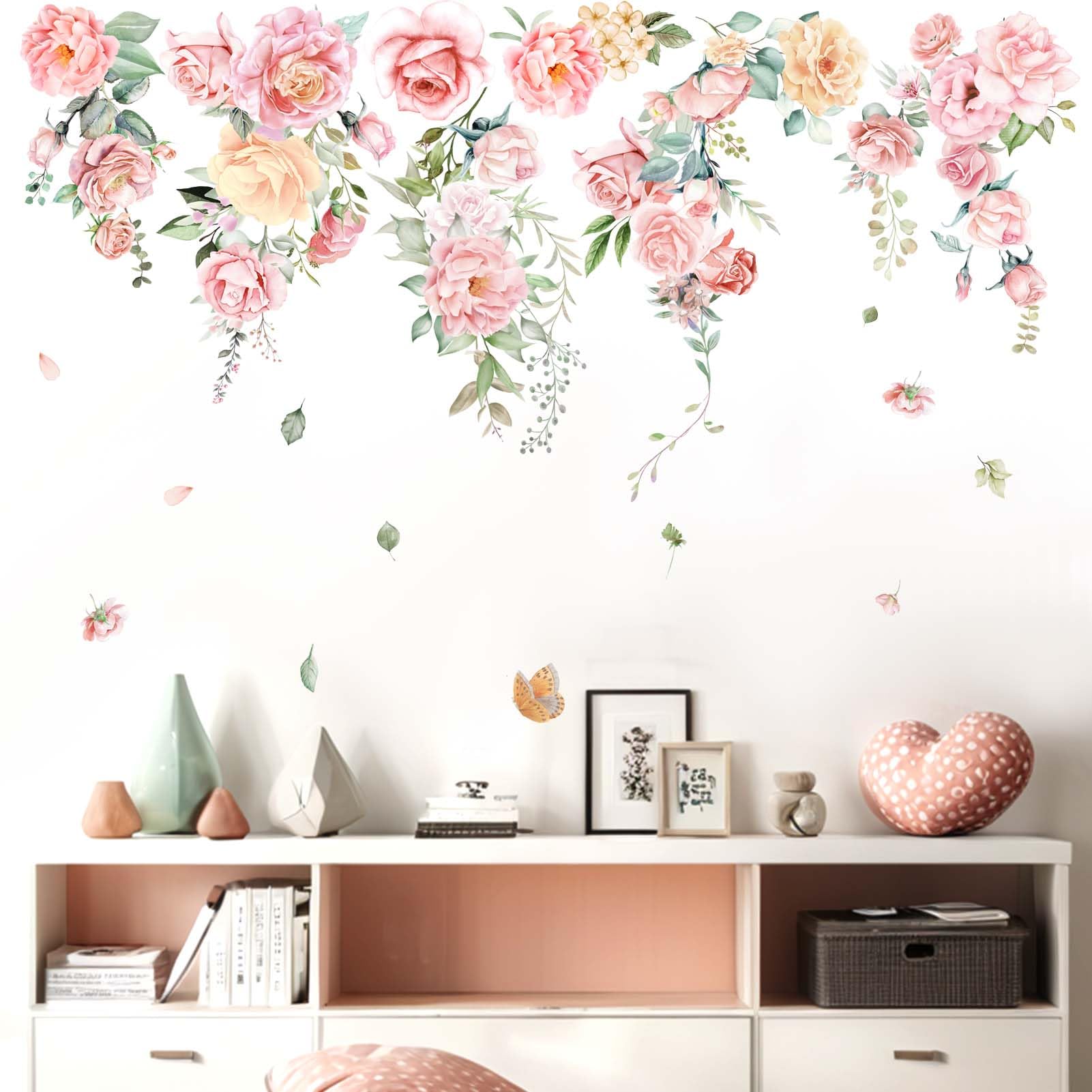 Amimagen Large Flower Wall Decals - Hanging Vine Pink Rose Floral Wall Stickers - Baby Nursery Girls Bedroom Living Room Sofa TV Background Home Wall Decor