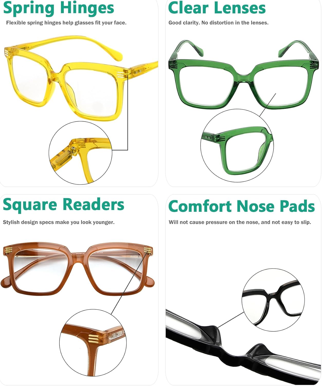 Eyekepper 5 Pack Square Reading Glasses for Women Large Frame Readers Include 2 Pairs Green +2.75