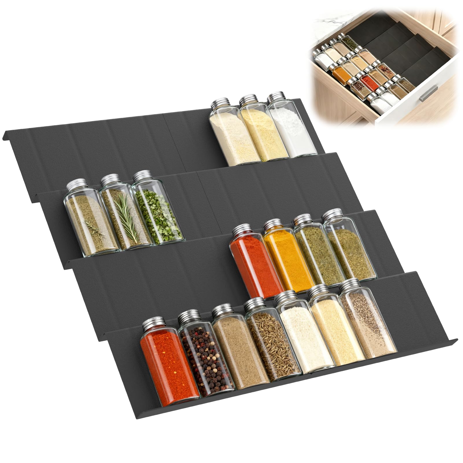 Euqvunn 8 Pack Spice Drawer Organiser, Extendable Spice Rack for Inside Cupboard Adjustable 23cm to 46cm, Seasoning Organizer Drawer Insert for Worktop, Cupboard, Shelf, Kitchen Storage