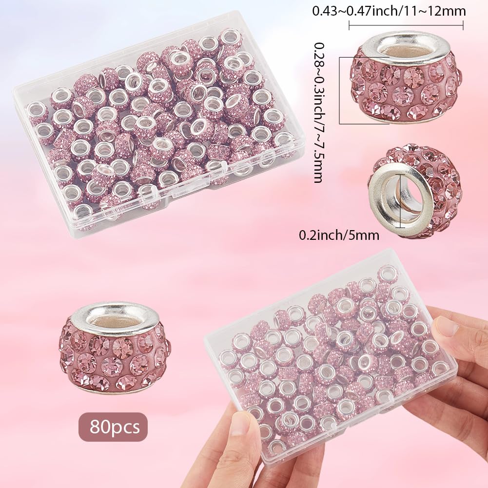 PONABEADIY 1 Box 12MM 80PCS Valentines Day Pink Rhinestone Sparkly Beads Large Hole Valentine Big Holes European Spacer Charms Bead Bulk for Jewellery Making Bracelets Necklace Hair Braids DIY Crafts - Image 2