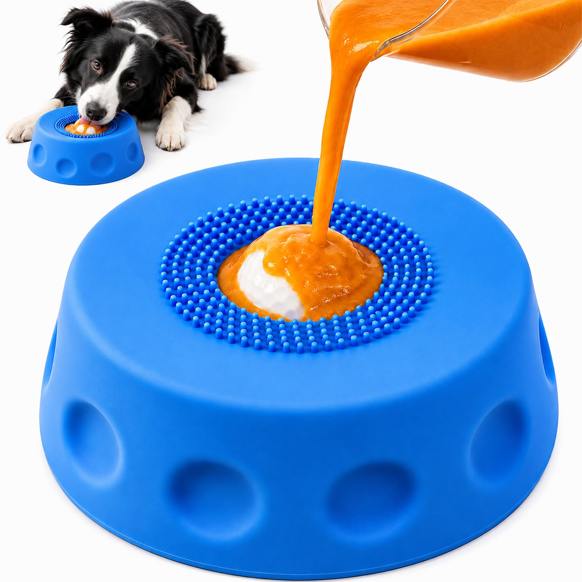 Slow Feeder Dog & Cat Lick Bowl for Liquid Treats, Ball-in Enrichment Toy for Bone Broth, Yogurt & Wet Food, Anti-Slip Slow Feeding Bowl, 3/4 Cup for Small & Medium Dogs Cats (Blue)