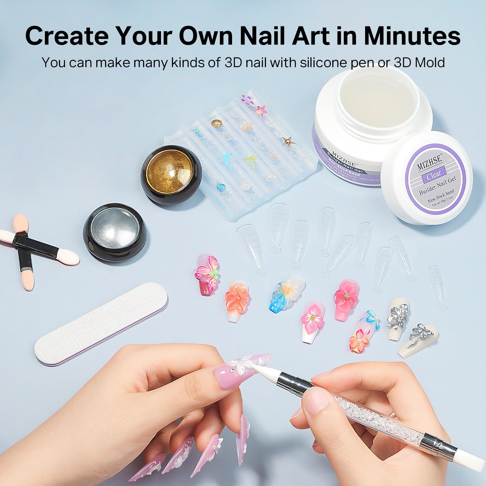 MIZHSE 3D Gel for Nails 3D Nail Gel, UV Solid Builder Gels, Non-stick Hand, Set including Gold & Silver Chrome Powder - Image 4