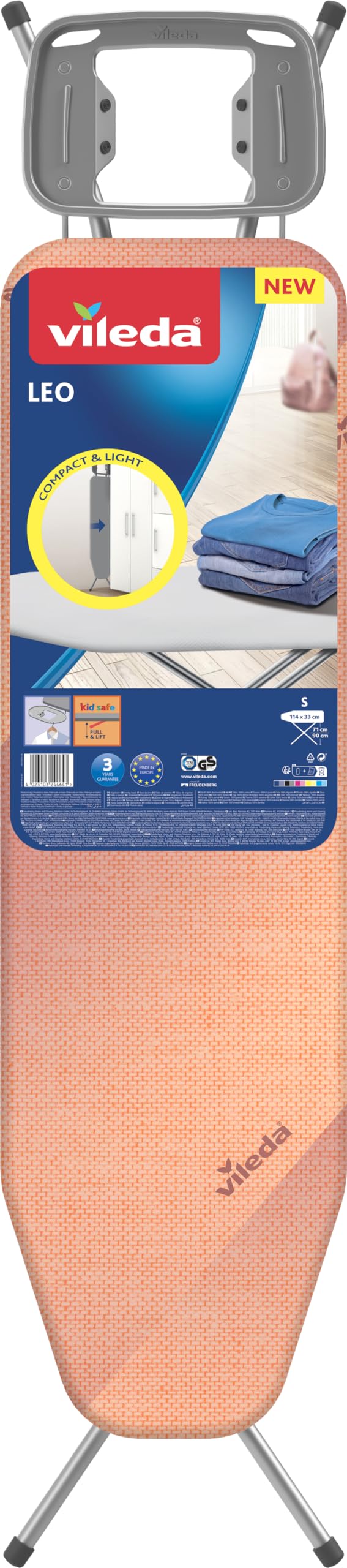 Planche à Repasser Vileda Leo - Compacte 114x33 Cm - Housse Coton - Hauteur Réglable 71-90 Cm