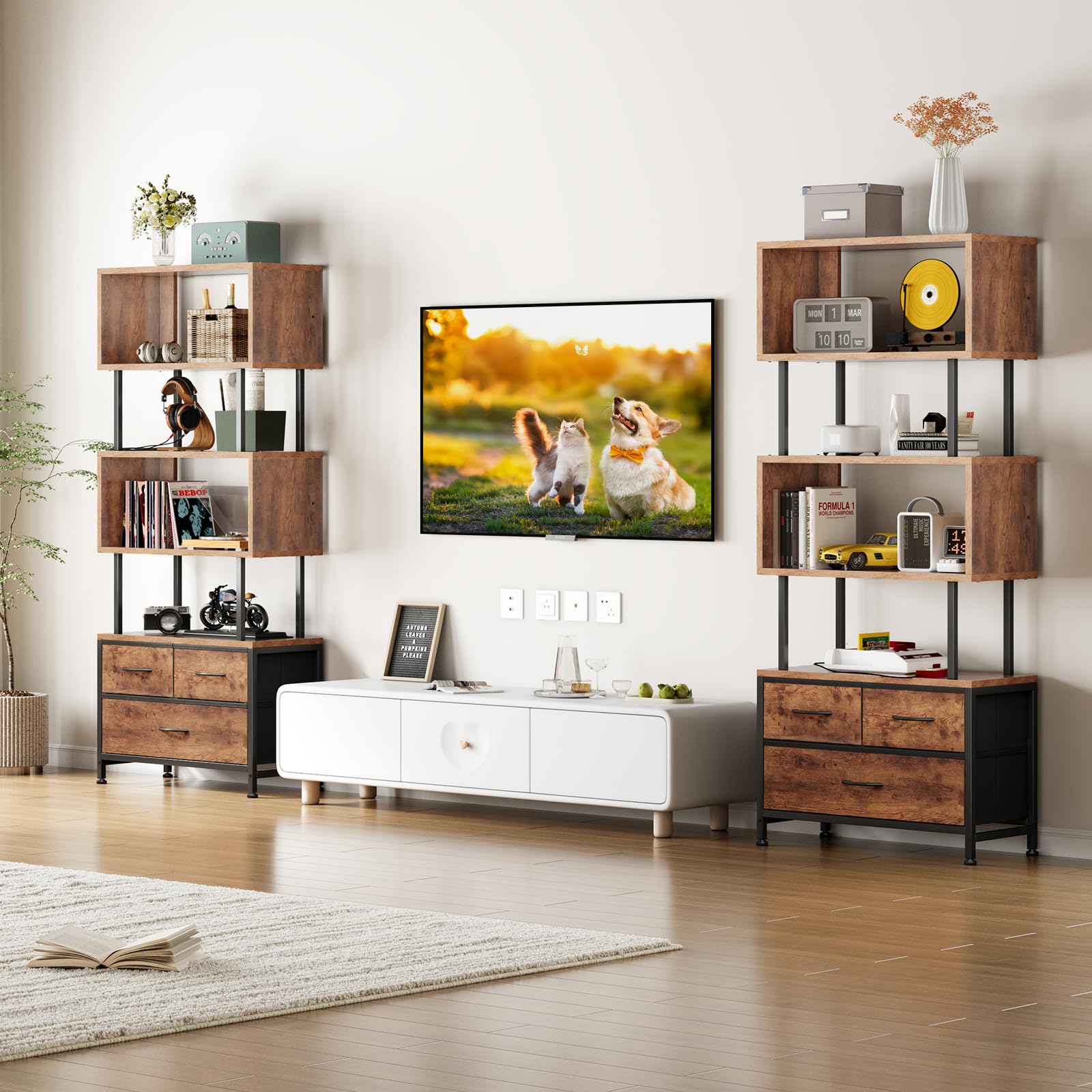Coleshome Libreria Verticale, Libreria da Parete con 5 Ripiani, con 3 Cassetti in Tessuto, Scaffale Librerie Adatto per Camera da Letto, Ufficio, Soggiorno, 60 x 24 x 155 cm, Colore Retrò