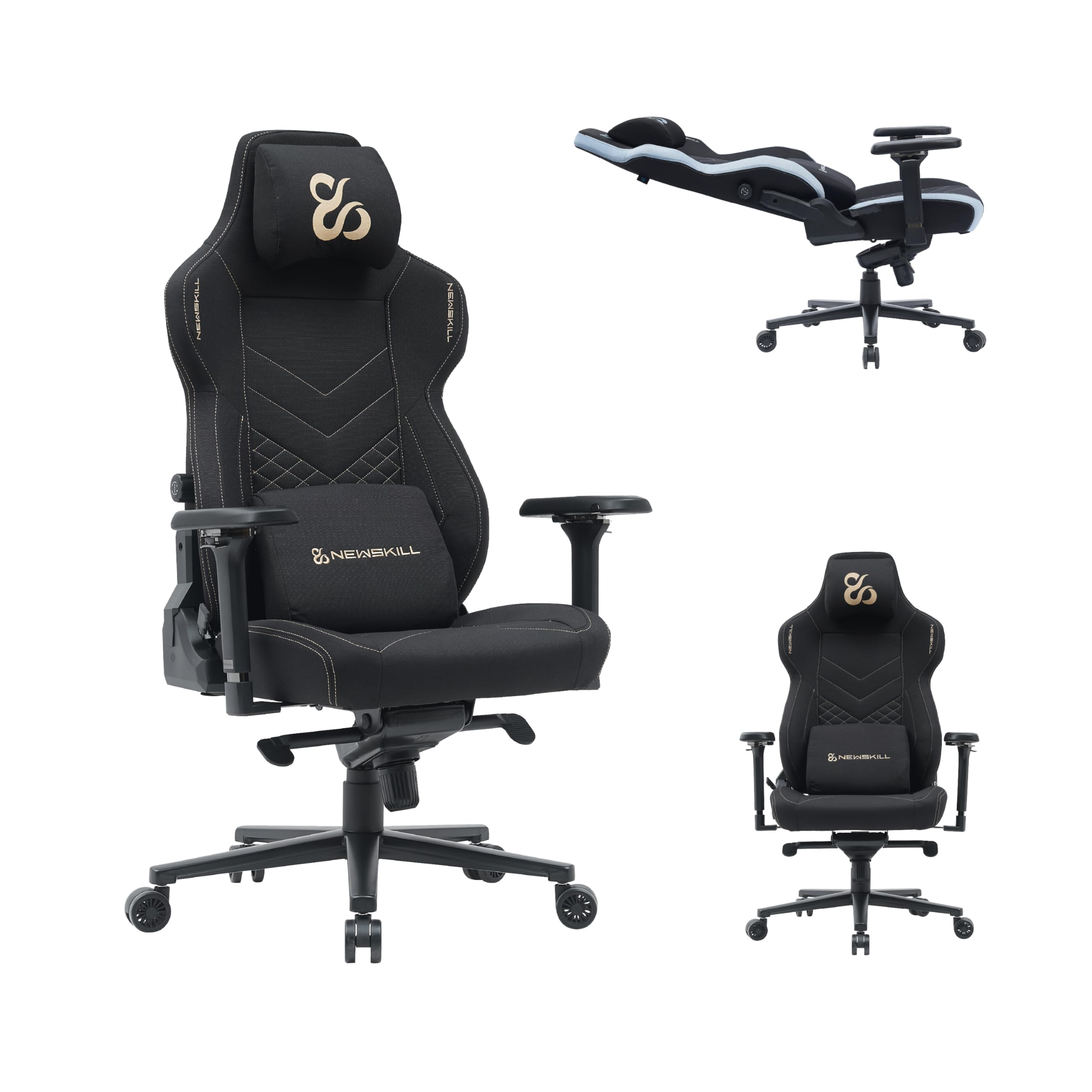 NEWSKILL Banshee Pro Gaming Chair with 180° Recline, 4D Armrest, Lumbar Support, Breathable Fabric, Black – Gold