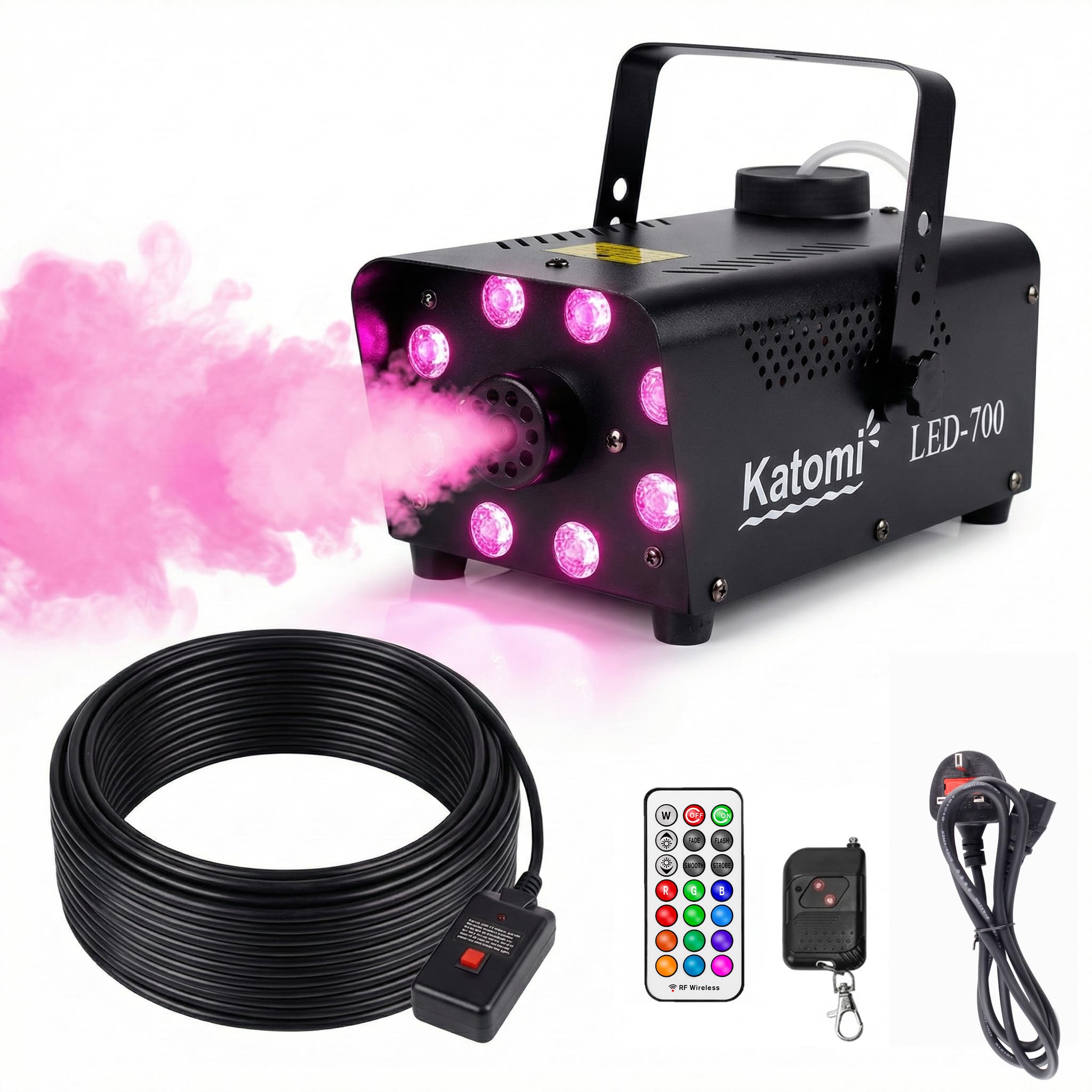 Katomi 700W Smoke Machine with 13 Colour RGB Effect, 8 LED Lights, Mini Fog Machine with 3-Metre Wired Remote and Two Wireless Controllers for DJ Disco Parties, Halloween, and Weddings
