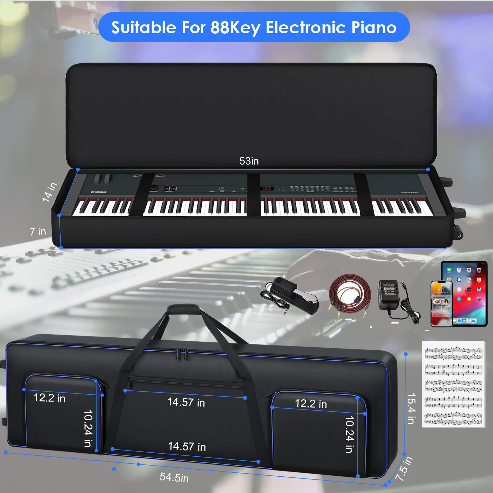 Funda Para Teclado De 88 Teclas Con Ruedas, Bolsa Acolchada Portátil Para Piano 88, 53 X 14 X 7 Pulgadas, Funda Para Teclado Con Ruedas Con Asas Y Correas De Hombro Ajustables, Bolsa