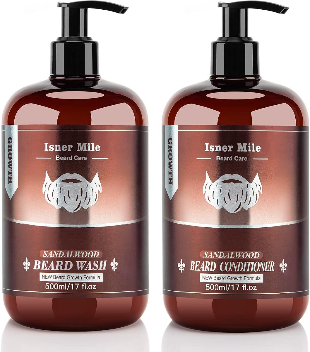 Beard Wash & Conditioner Set for Men - 17 oz Shampoo with Biotin, Argan & Jojoba Oils for Smooth, Soft, and Strengthened Beard - Sandalwood Scented Grooming Gift