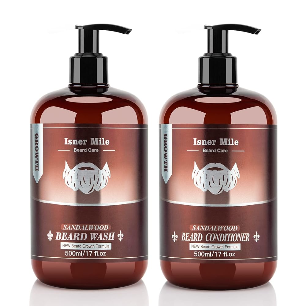 ISNER MILE Beard Wash & Conditioner Set for Men - 17 oz Shampoo with Biotin, Argan & Jojoba Oils for Smooth, Soft, and Strengthened Beard - Sandalwood Scented Grooming Gift