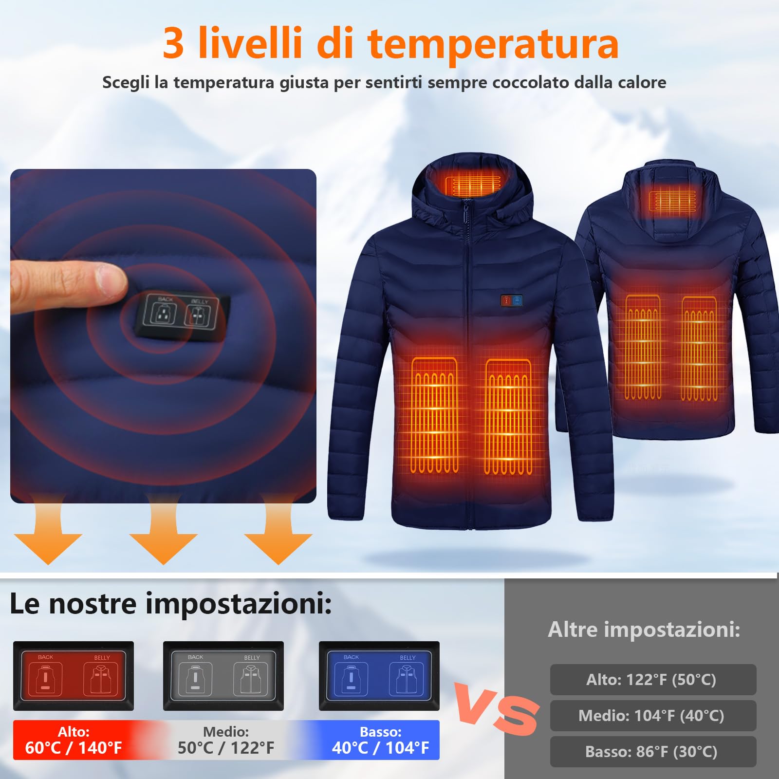 Giubbotto Riscaldato con Power Bank 10000mAh - Giacca Riscaldato con Cappuccio 5 Zone di Calore, 3 Livelli Doppi Controlle per Il Lavoro All'aperto Sci Trekking