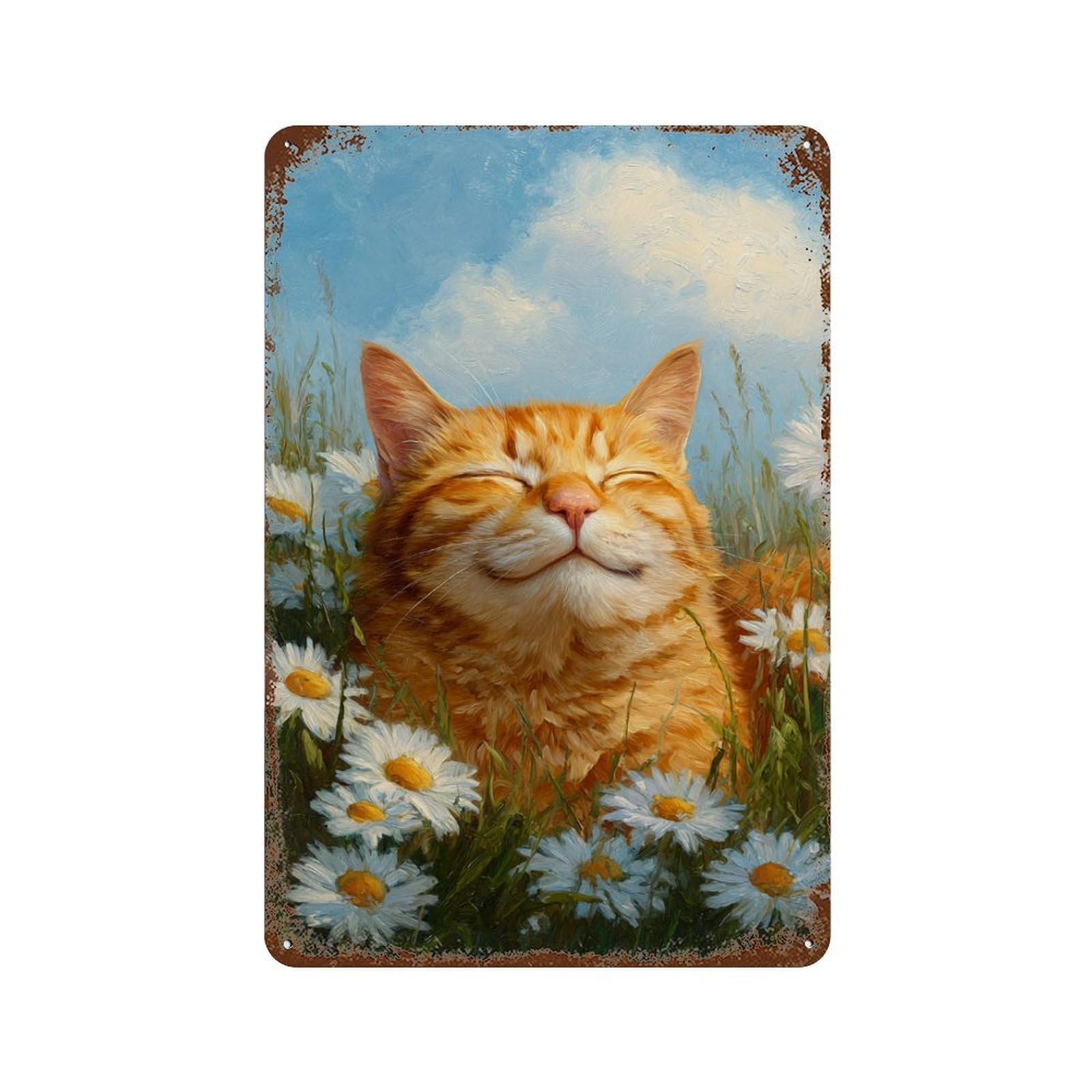 Cat in Daisy Field Painting 11.8"x7.9" Retro Metal Sign, Old School Wall Decor for Office, Studio And Wall Decor