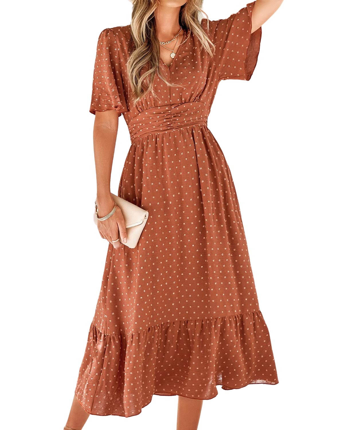 BebreezChic Sommerkleid Damen Lang Boho Elegant Kurzarm V-Ausschnitt Hohe Taille Swiss Dot Gerafft Blumen Strandkleid Maxikleid