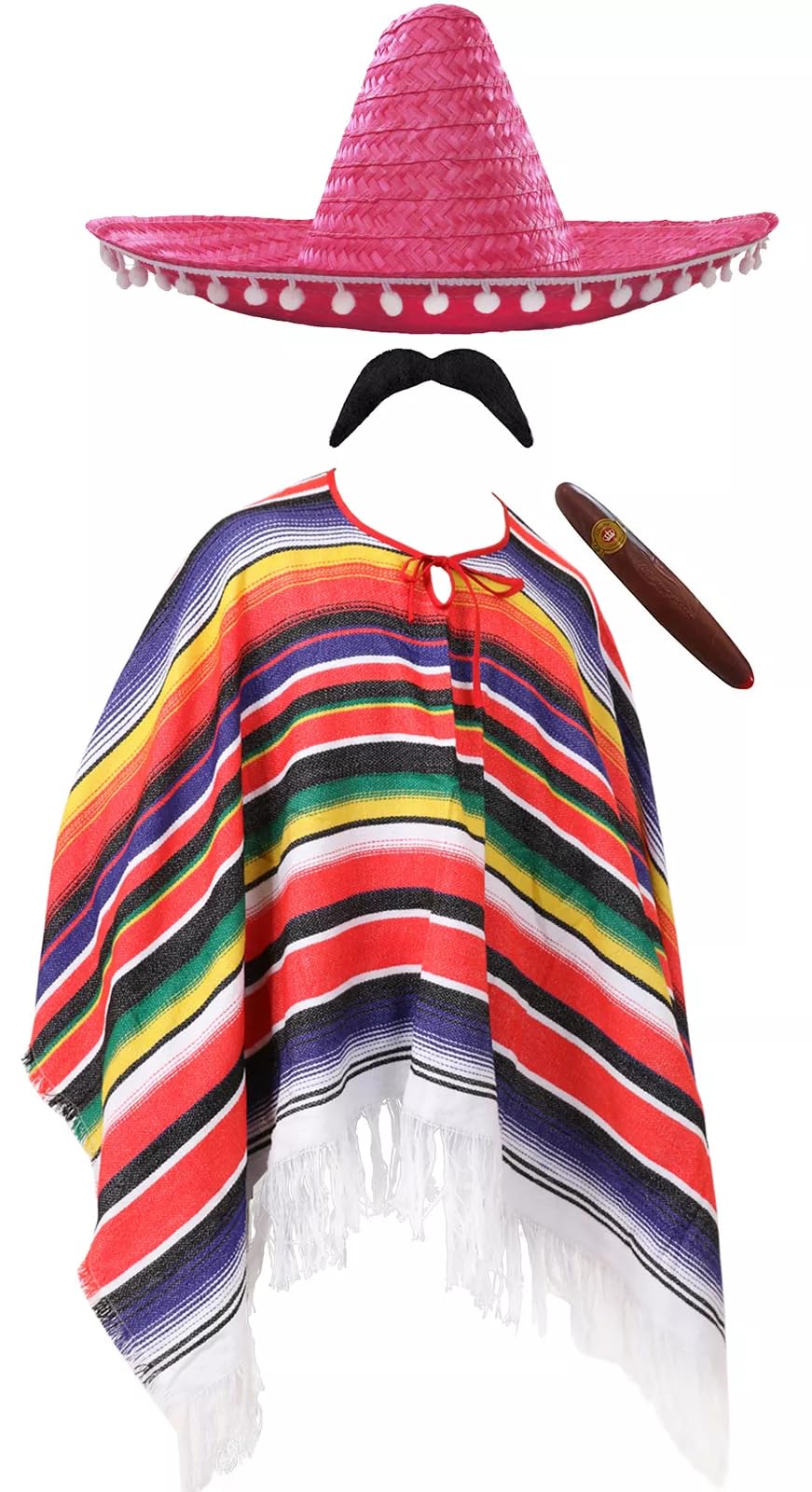 Adults Mexican Costume - Multicoloured Poncho with Tasselled Edges, Pink Sombrero, Fake Cigar, Fake Moustache - Mens Ladies Mexico Cinco de Mayo Fancy Dress Costume