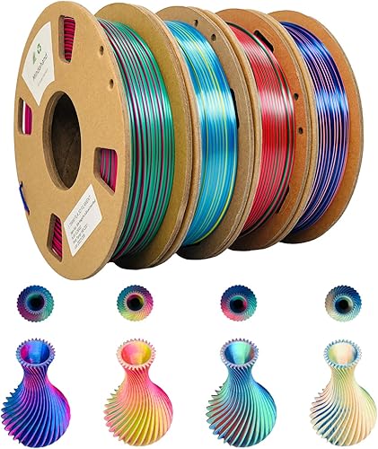 Miniatura 8 de MINDAHAND Paquete de 4 filamentos PLA para impresora 3D de doble color seda arcoíris de 4 x 8.82 oz, paquete de 4 filamentos PLA multicolor de 0.069