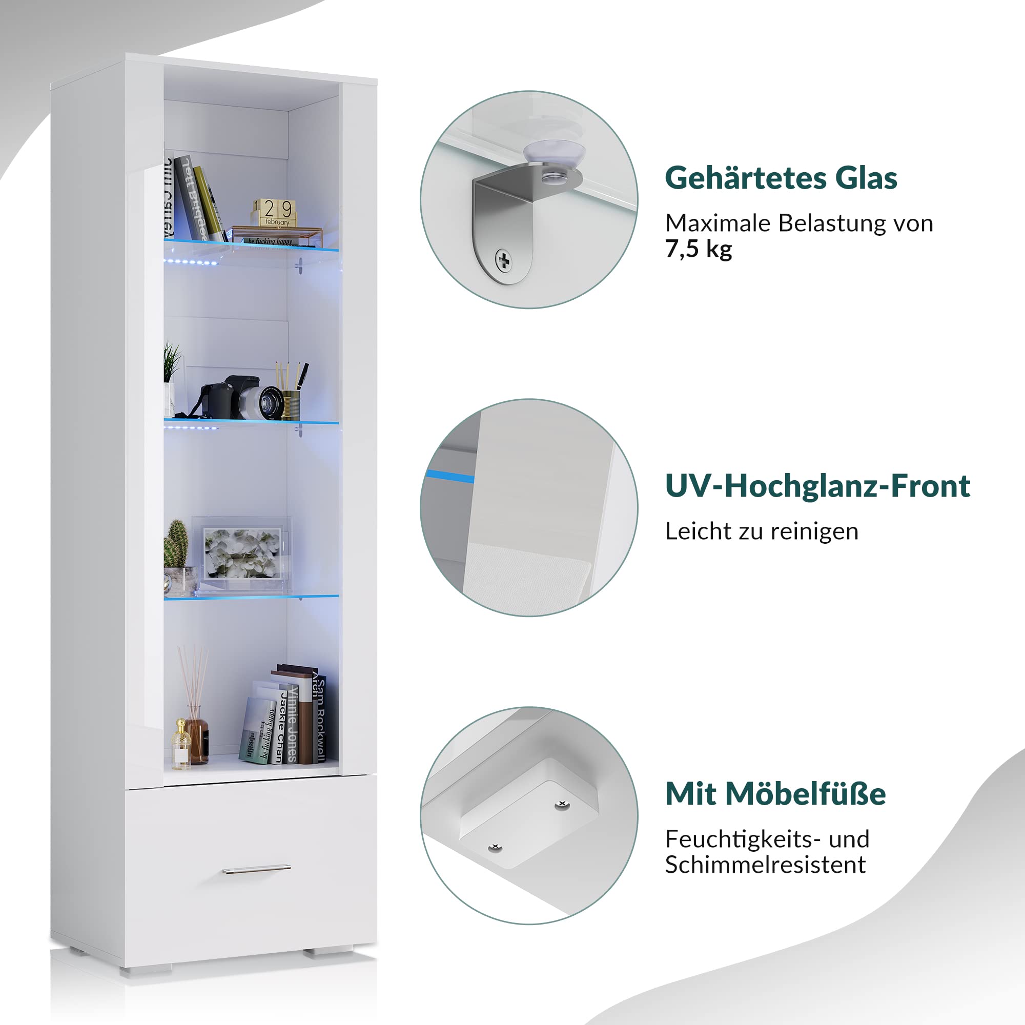 SONNI Witryna z oświetleniem LED, szklana witryna z szufladami, biała, front na wysoki połysk, witryna kolekcjonerska, szafa z witryną, szer. 550 x gł. 350 x wys. 1720 mm
