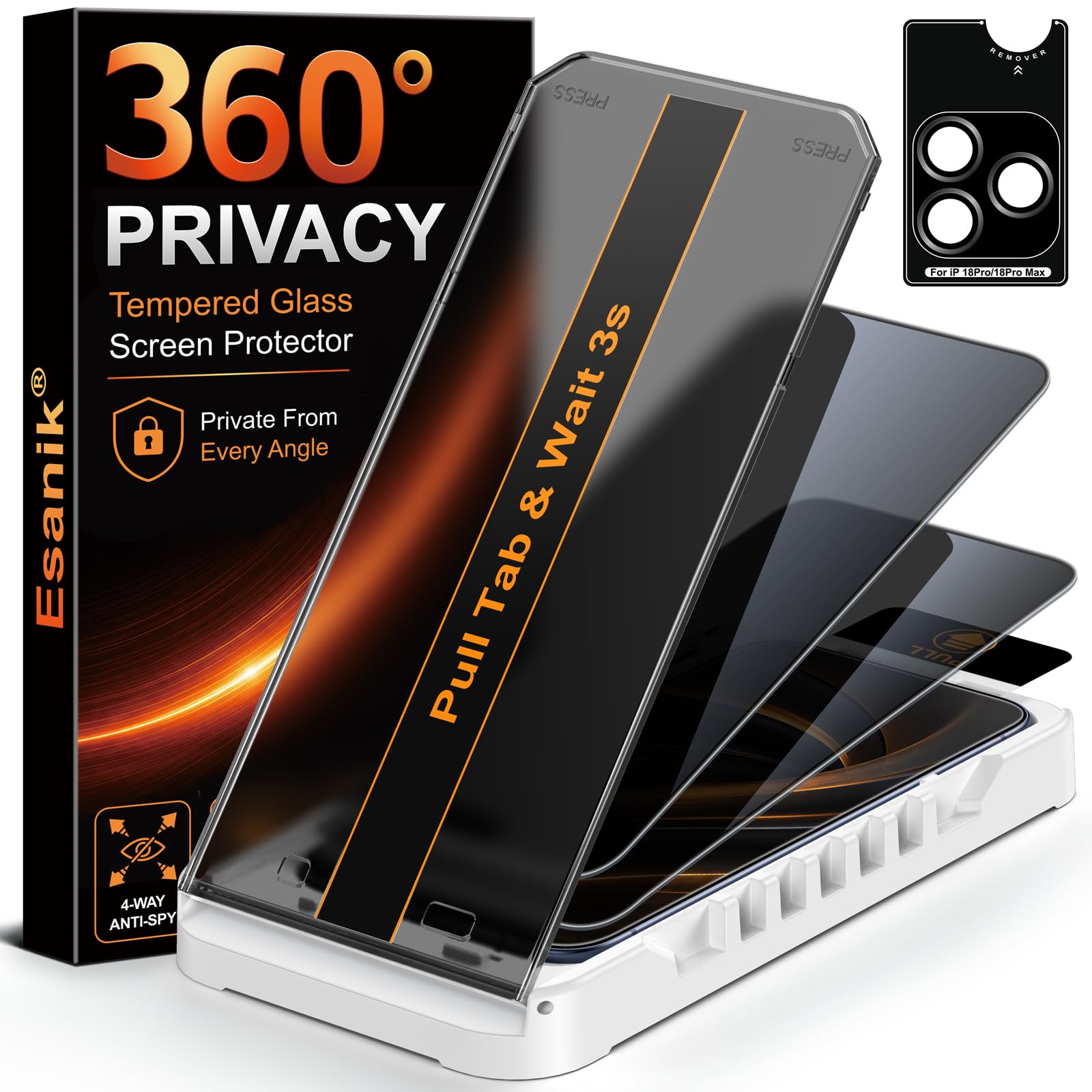 Esanik 360° Sichtschutz für iPhone 18 Pro Max für Panzerglas, 2+1 Stück | 4-Wege Anti-Spy Blickschutz Schutzfolie, 4X verstärktes gehärtetes Glas, HD Metall Kameraschutz, One-Pull Installation