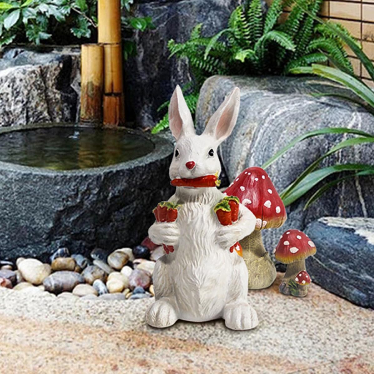 Mikikit Statue de Lapin Résine avec Carottes Sculpture Animal Décorative pour Jardin et Balcon Figurine de Lapin Adorable pour Décoration de Pâques et Intérieur