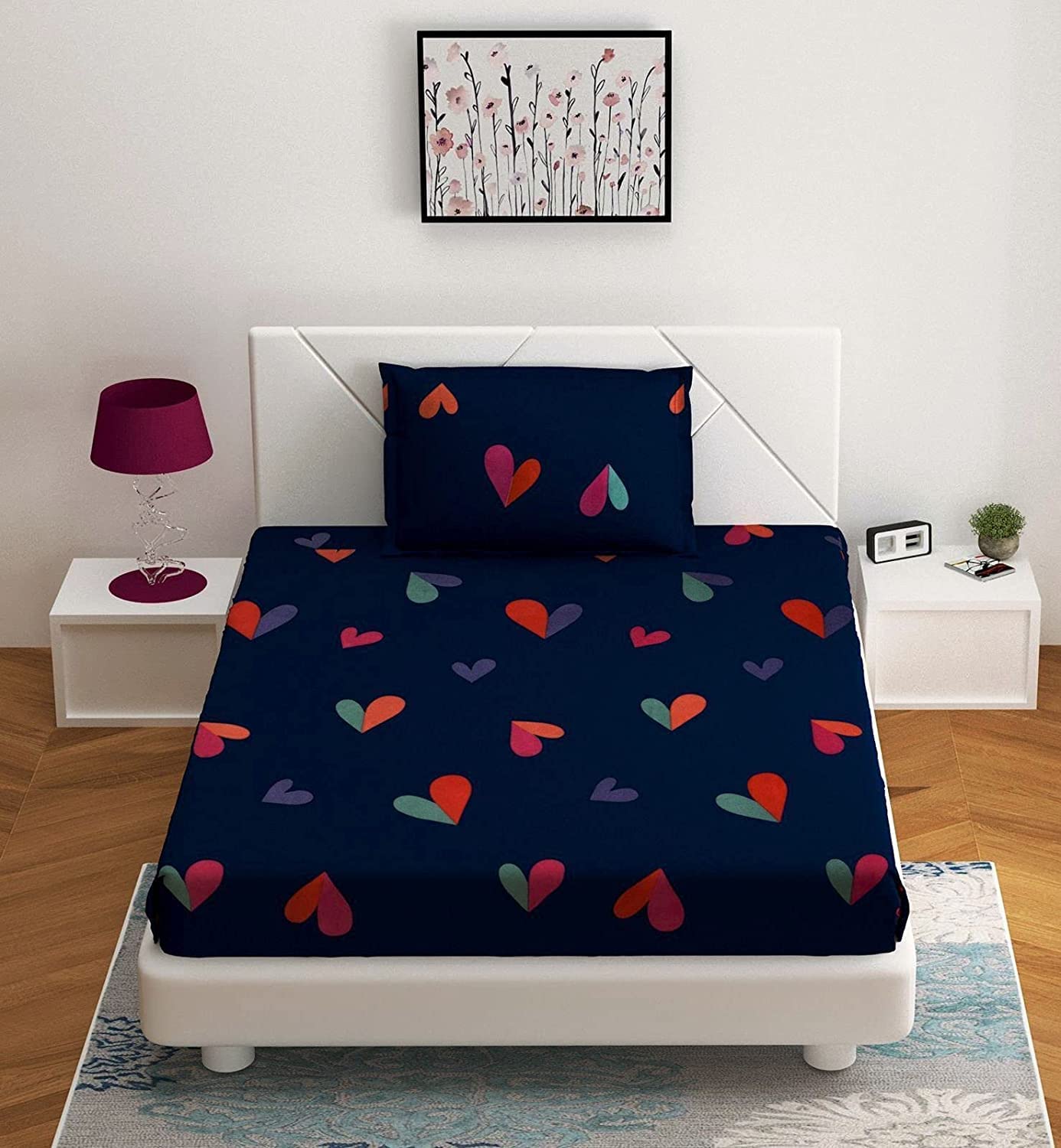 DECOMIZER 300 TC Cotton Feel Glace Cotton Elastic Fitted All Around Printed Full Length Single Bed Bedsheet with 1 Pillow Cover Fits Upto 6 inches Mattress,Size- 42x75x8 Inches,Blue Hearts