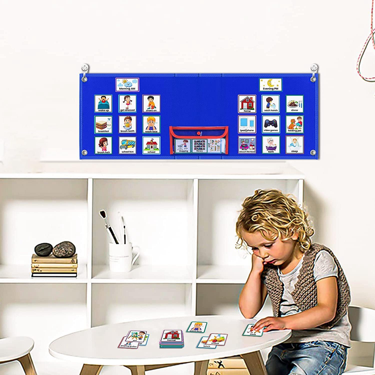 Calendario per bambini, 2 in 1, diagramma di routine quotidiana 'autismo, agenda giornaliera per bambini, routine visione, planner settimanale per bambini con 70 carte, calendario per