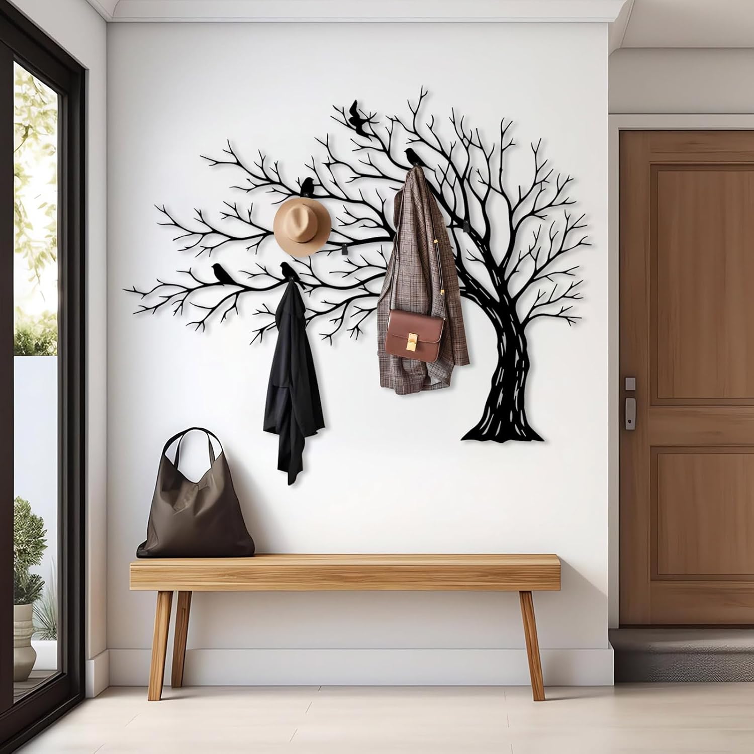 HOLECIC Birds Tree Coat Rack Wall Mount, Metal Branch Clothes Hooks for Wall, Metal Birds Wall Decor, Birds on Tree Branch Key Holder Wall Mount, Entryway Wall Decor (Black, 36"x48"|92x121cm)