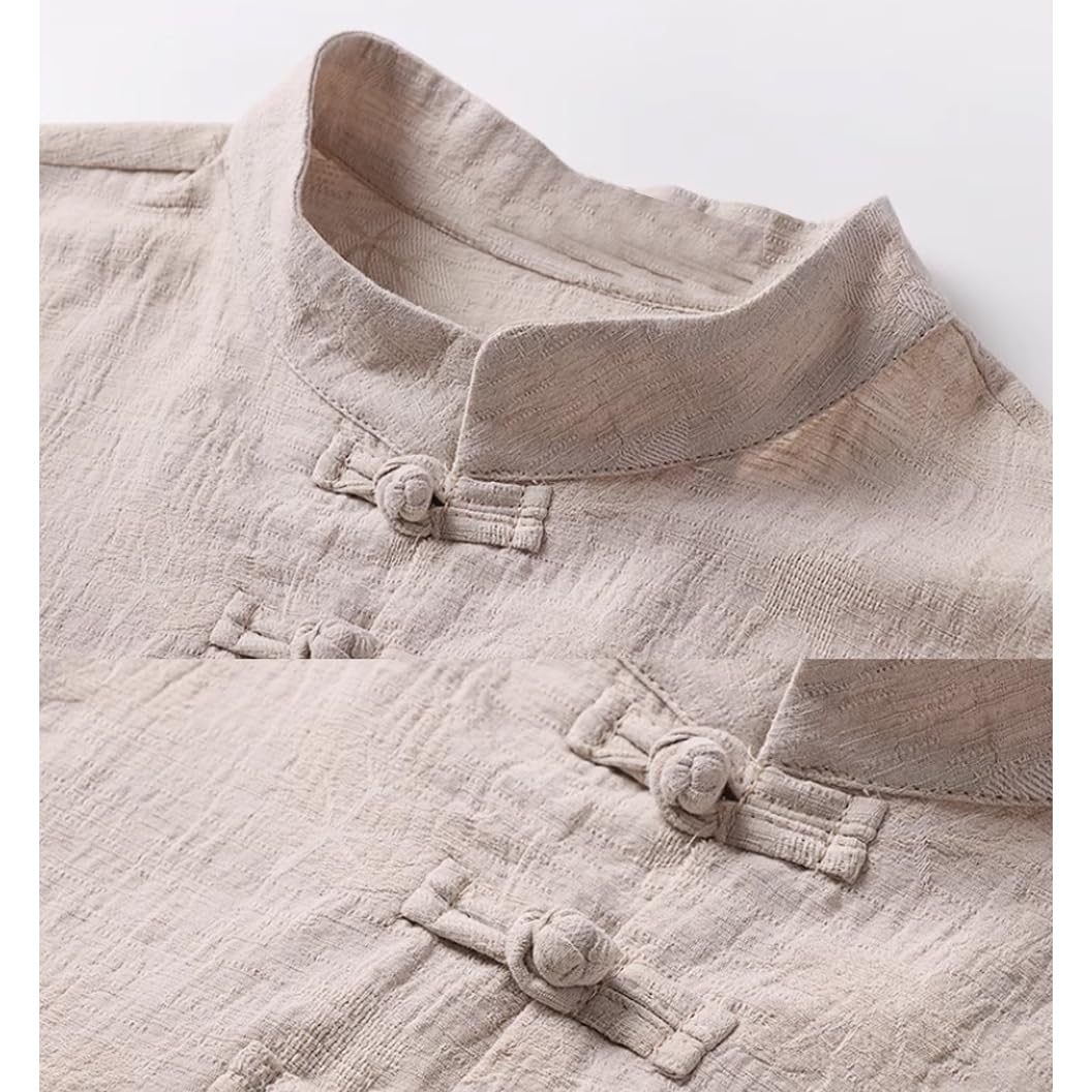 Costume De Kung Fu en Coton Et Lin Ample À Manches Courtes pour Hommes - Vêtements De Tai Chi Chinois À Manches Longues,Apricot-X-Large