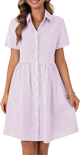 Rooscier Women's Button Down Striped Shirt Dress Light Purple X-Large