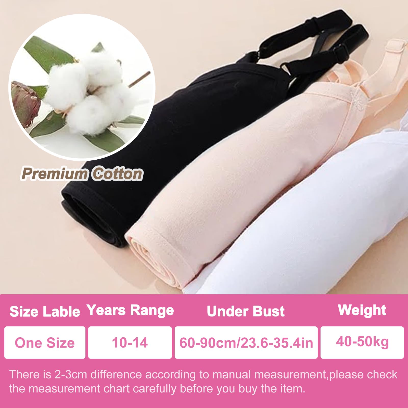 3 Pièces Soutien-Gorge d'entraînement sans Couture pour Filles, Coton Brassiere sans Armature, Réglable Haut à Bretelles et Coussinets Amovible pour Fille 10 à 14 Ans, Noir Blanc Couleur Peau