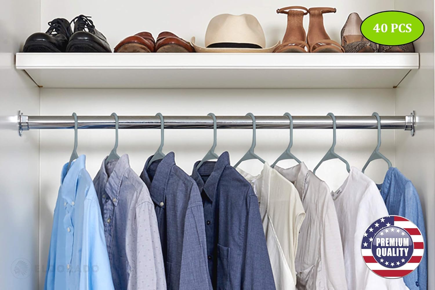 Eldorado Hangers for Adult Size Clothing, Plastic, Ideal for Everyday Standard Use Clothes, Shirts, Blouses, T-Shirts, Dresses, Jackets, Suits. Color - Sky Gray, Pack - 40 PCS.
