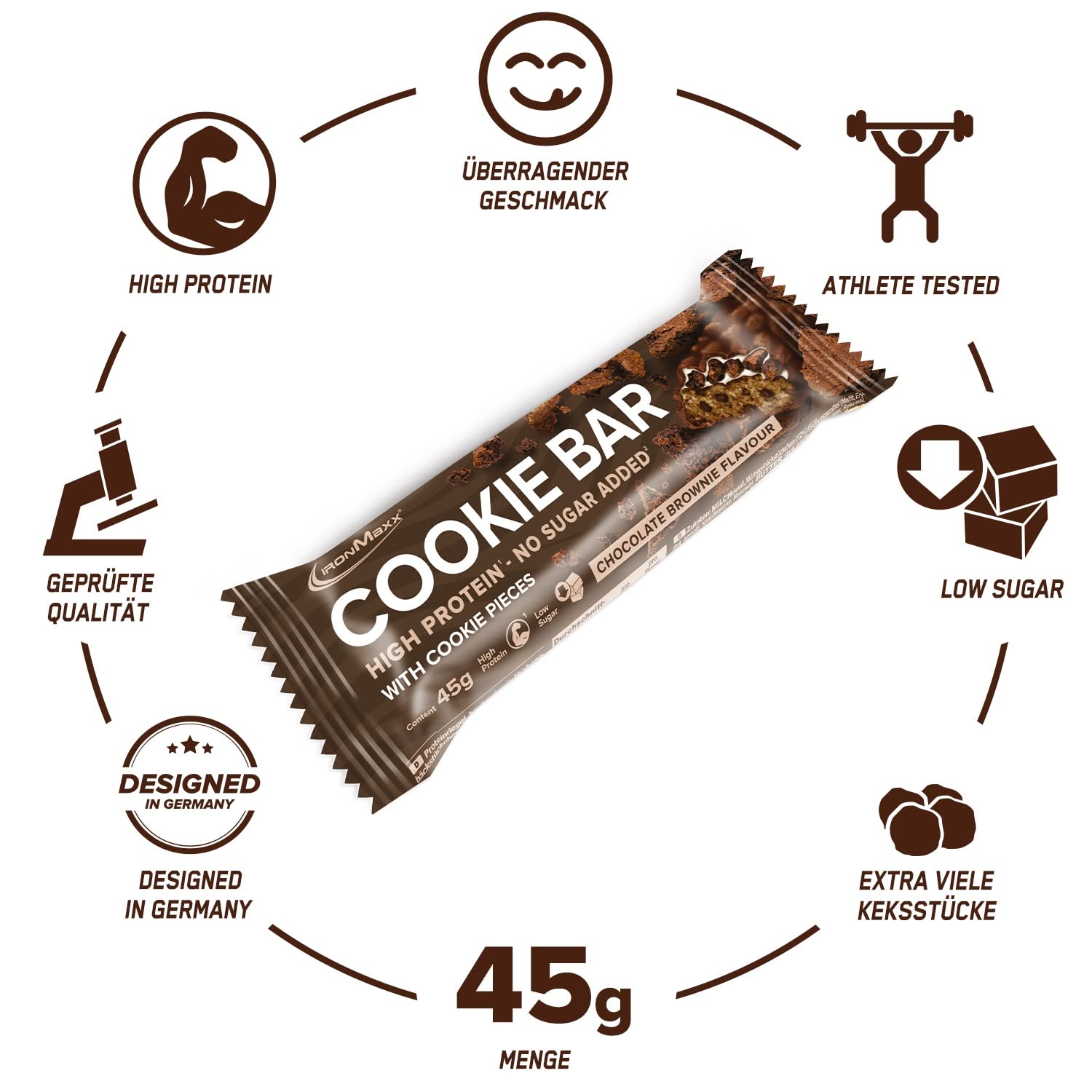 IronMaxx Cookie Protein Bar Chocolate Bronwnie, Proteinriegel mit Cookie Stückchen, 1x 45 g (1er Pack)