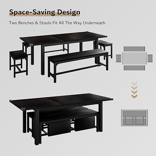 Miniatura 7 de iPormis Juego de mesa de comedor de 5 piezas para 4-8 personas, juego de mesa de cocina extensible con 2 bancos y 2 taburetes cuadrados, mesa de