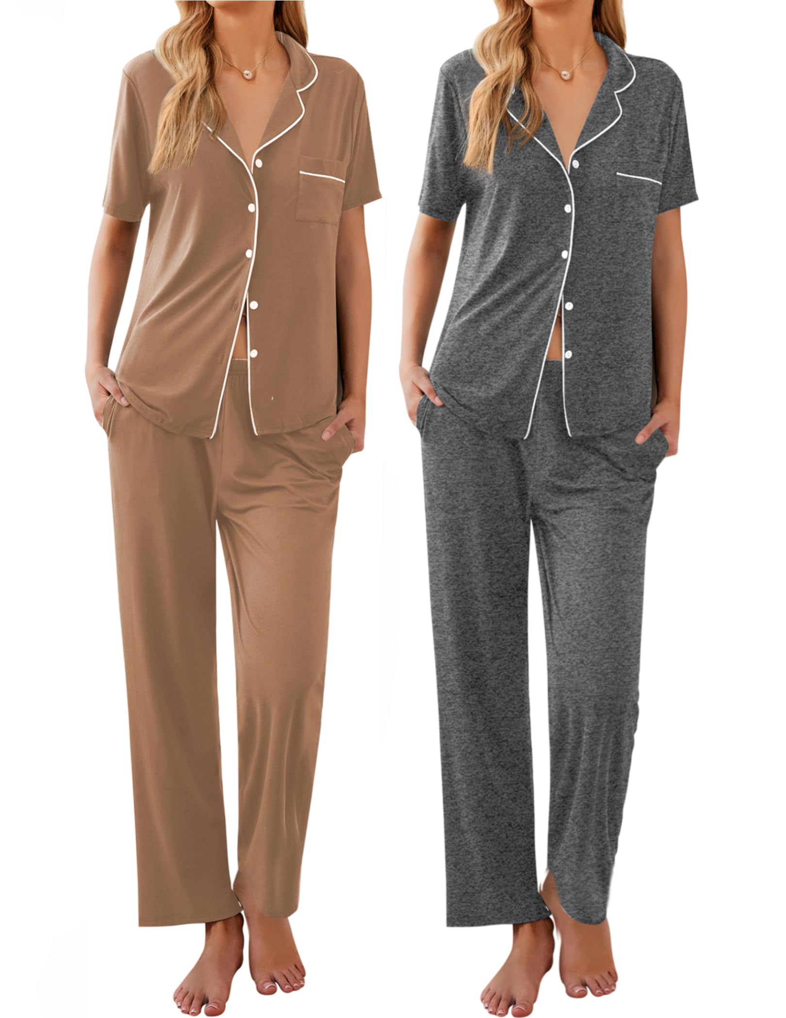 Ekouaer 2 Pack Button Down Pajama Set