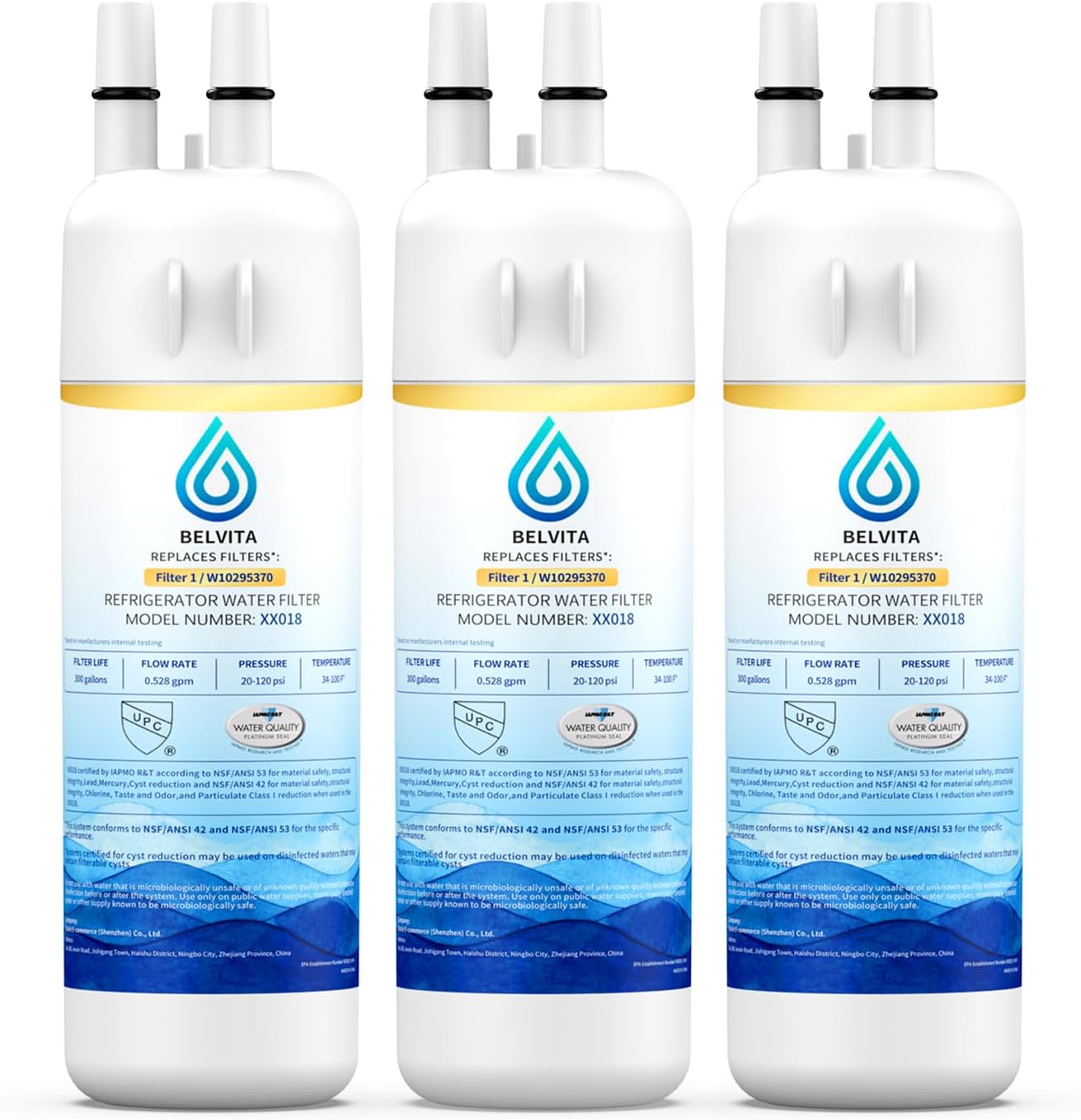 BELVITA Plus NSF/ANSI 53 Certified Water Filter Compatible with W10295370A, EDR1RXD1, WHR1RXD1, KAD1RXD1, Filter 1, W10295370, P4RFWB, P8RFWB2L, 46-9930, 46-9081 Refrigerator Water Filter, 3 Pack