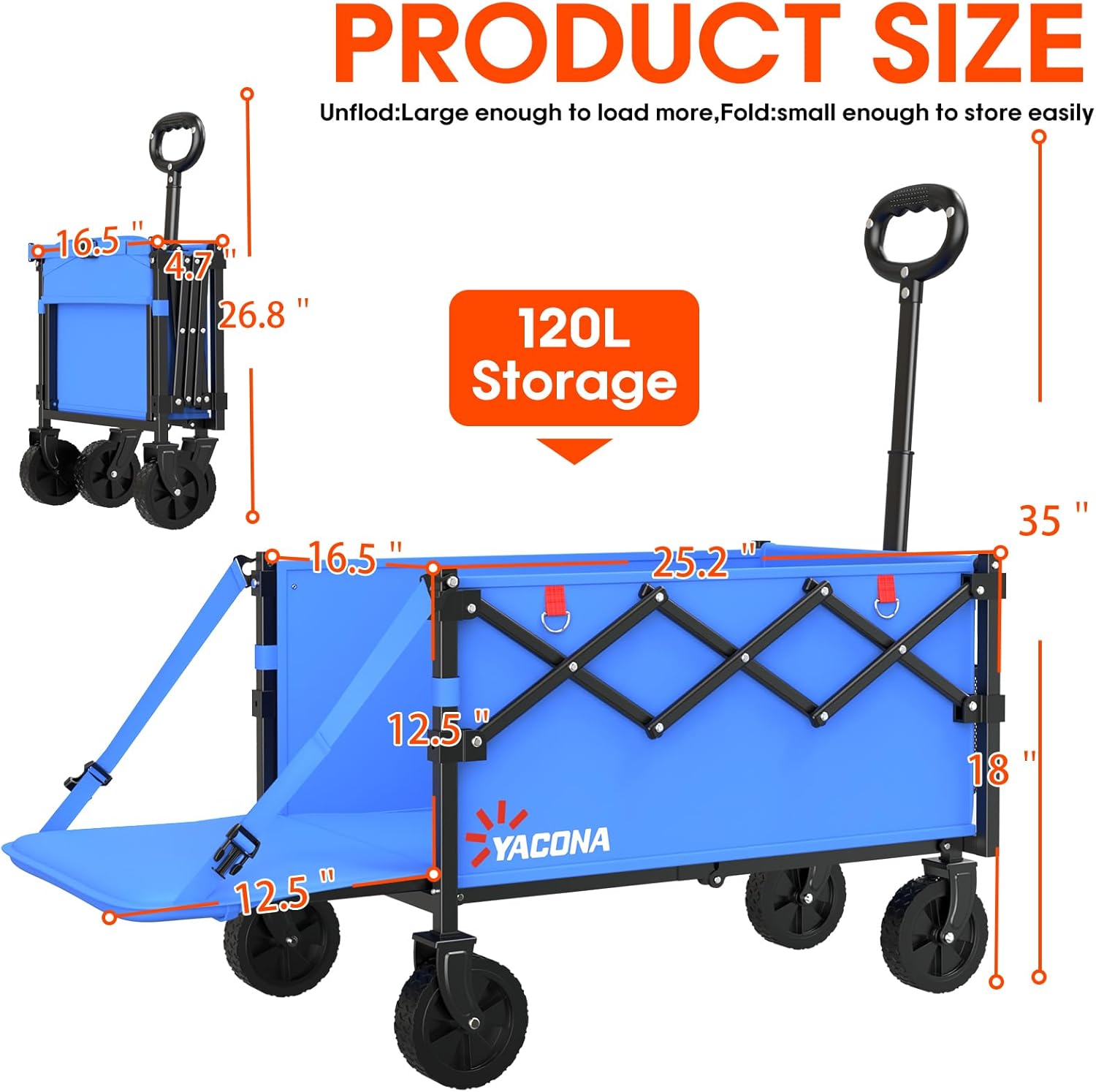 360LBS Heavy-Duty Wagons Carts Foldable 120L Collapsible Wagon Cart with Wheels and Tailgate, Folding Utility Wagon Carts for Groceries, Outdoor Camping, Shopping, Beach, Garden 120L Blue