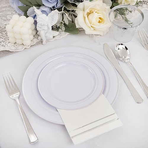 Miniatura 4 de GATHER 350 platos de plástico blanco y plateado con cubiertos desechables para fiestas, bodas y día de la madre, incluyendo 50 platos llanos de 9
