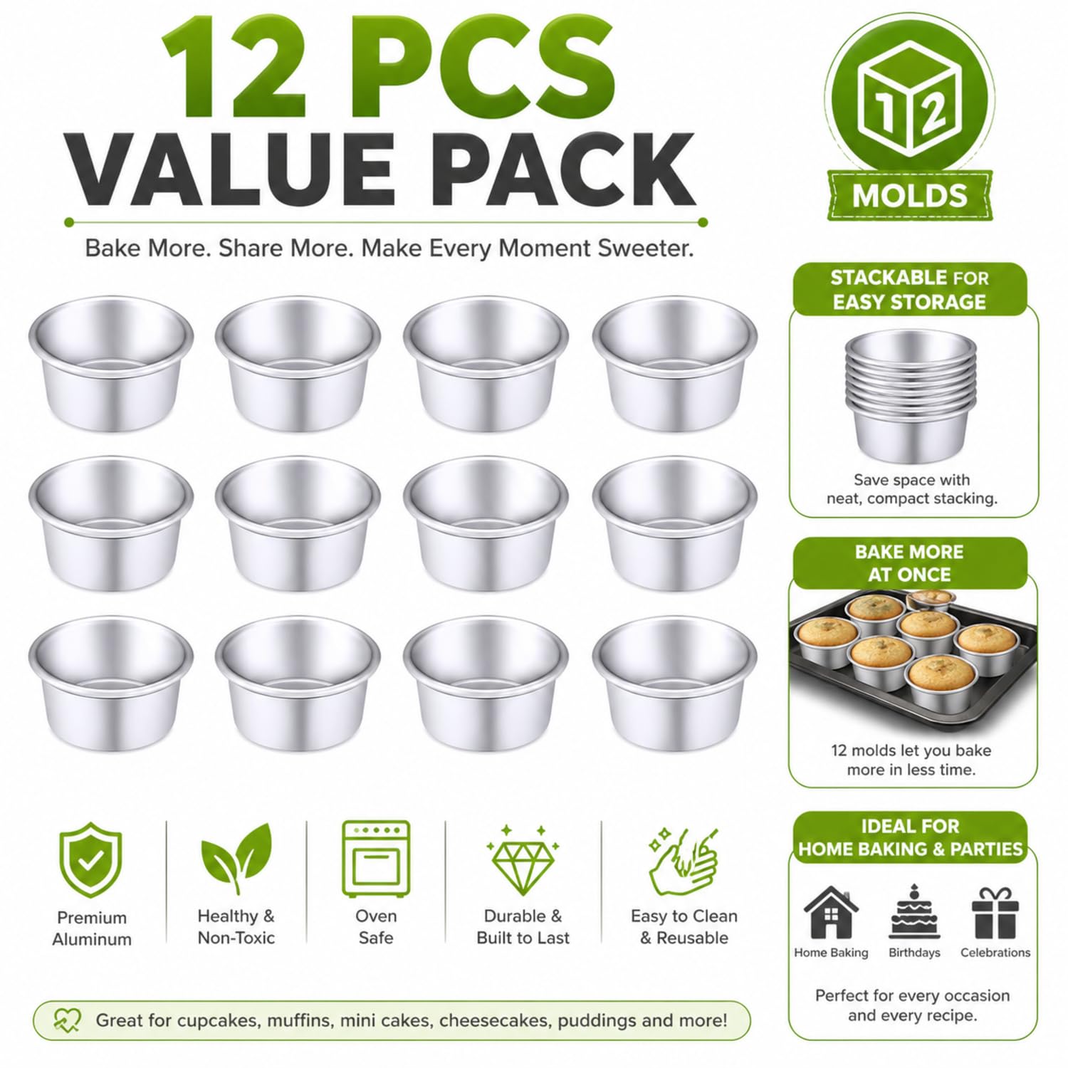 Nuenen 12 moldes redondos para tartas de aluminio redondos para hornear, sartenes para tartas y pasteles de queso, para el hogar, fiestas, suministros de horneado