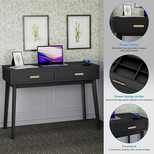 Miniatura 6 de BALDPER Escritorio de oficina en casa con 2 cajones, escritorio para computadora con mango dorado pulido, negro