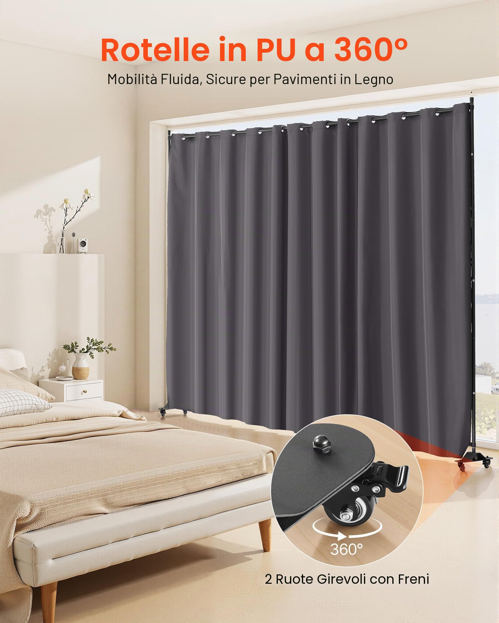 VEVOR Divisorio per Ambienti, Pannello Divisorio Portatile con Ruote, Supporto per Tende, Divisorio Indipendente, Schermo per Privacy per Ufficio, Camera da Letto, Sala da Pranzo, Grigio