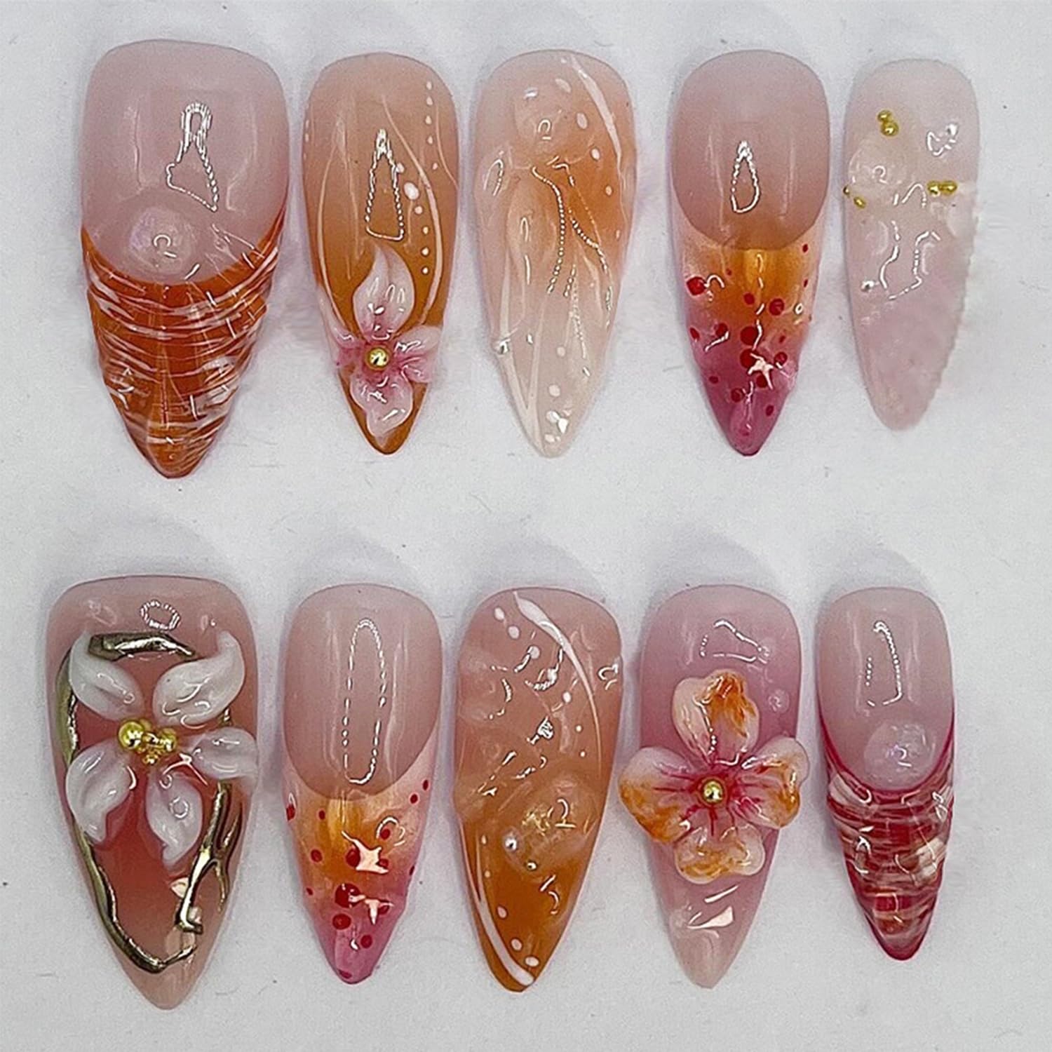 24Pcs Medium Press on Nails Almond Fake Nails with Flower Petal Charms Design Stick on Nails 3D Texture Ripple Flower Acrylic Nails Orange Pink French