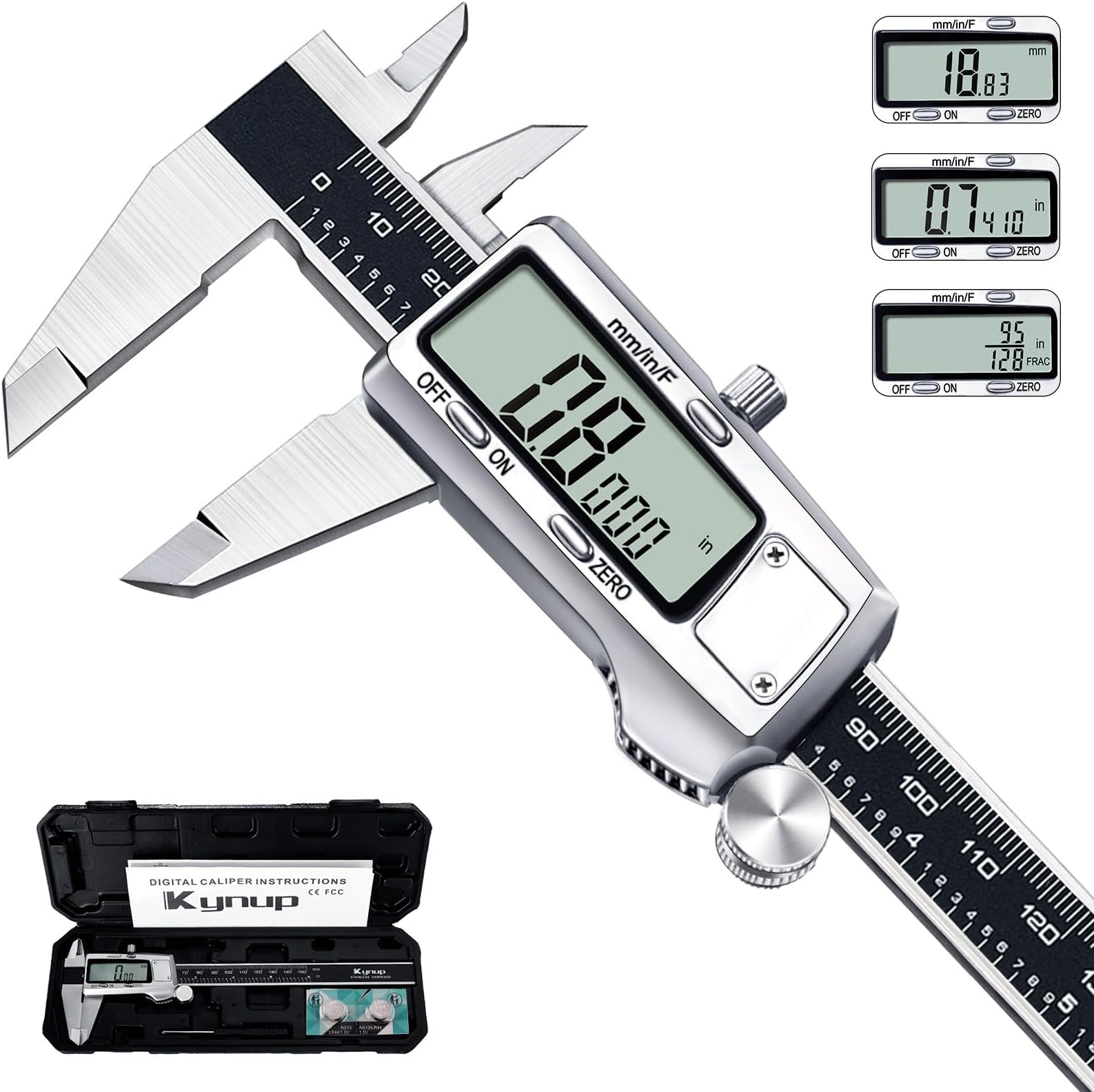 Kynup Digital Caliper, Caliper Measuring Tool, Micrometer Dial Vernier Caliper Digital, Full Turn Off, Stainless Steel, Switch from Inch Metric Fraction, Black(6Inch/150MM)