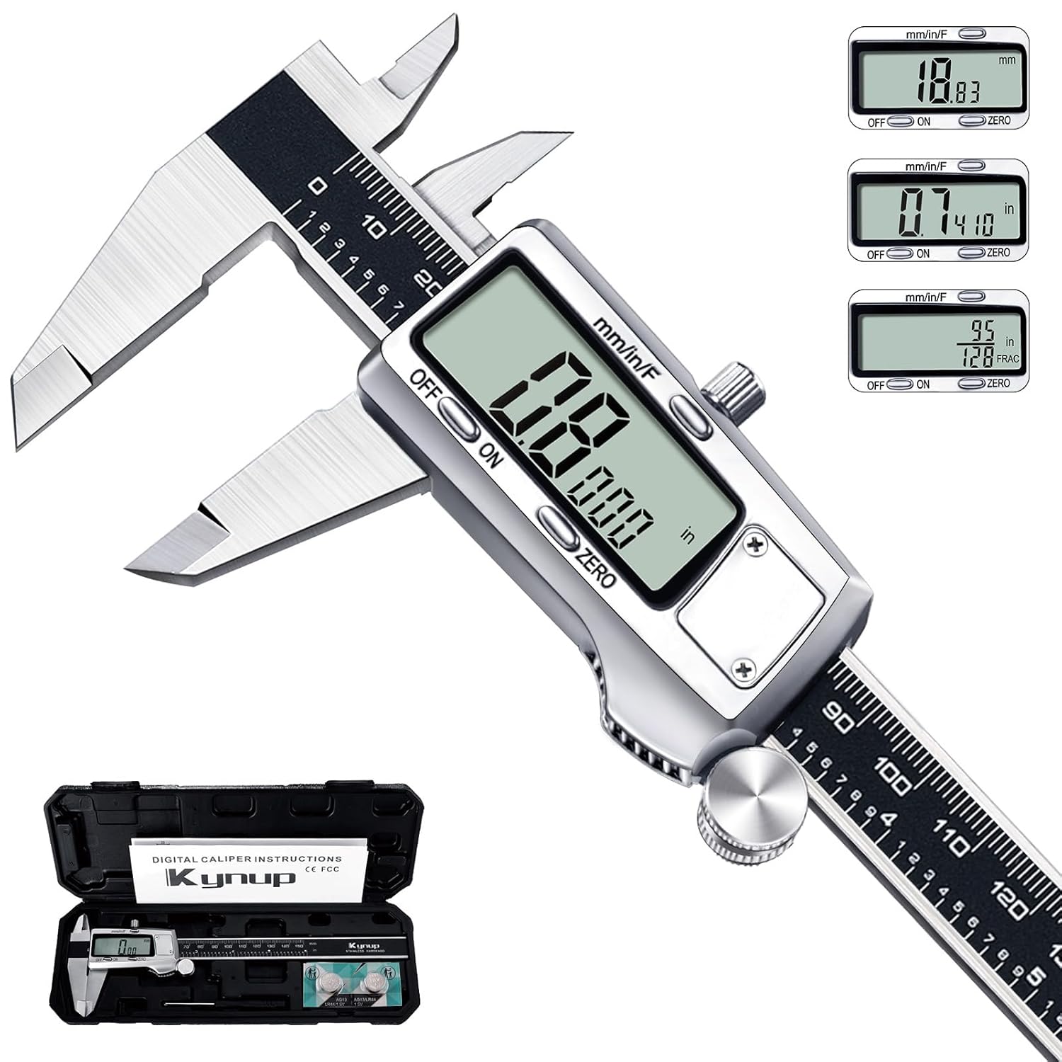 Kynup Digital Caliper, Caliper Measuring Tool, Micrometer Dial Vernier Caliper Digital, Full Turn Off, Stainless Steel, Switch from Inch Metric Fraction, Black(6Inch/150MM)