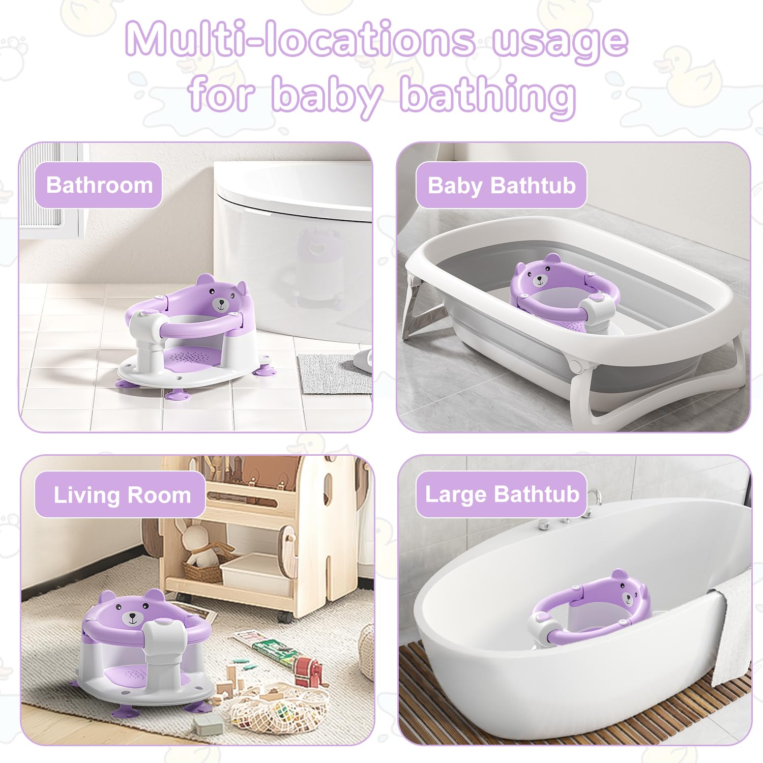 Badewannensitz Baby ab 6 Monate, Bär Rutschfester Badesitz Baby mit 4 Saugnäpfen und Kissen für Kleinkinder und Neugeborene, Sicherer Tragbarer Badstuhl für Dusche oder Badewanne, Lila