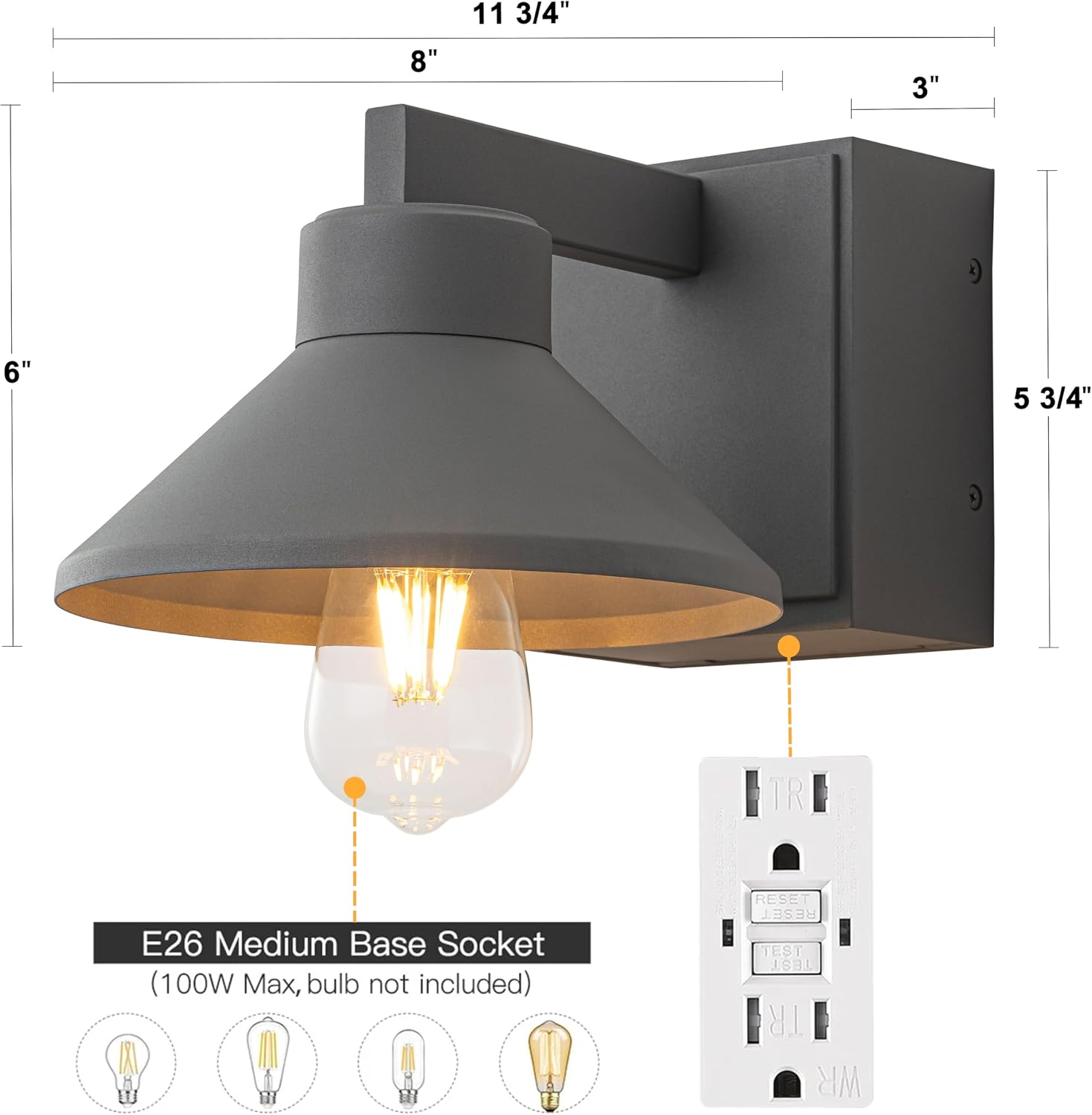 Outdoor Wall Sconce with Outlet GFCI Matte Grey Waterproof Anti-Rust Aluminum Exterior Barn Lighting Wall Mount Front Porch Light with Outlet