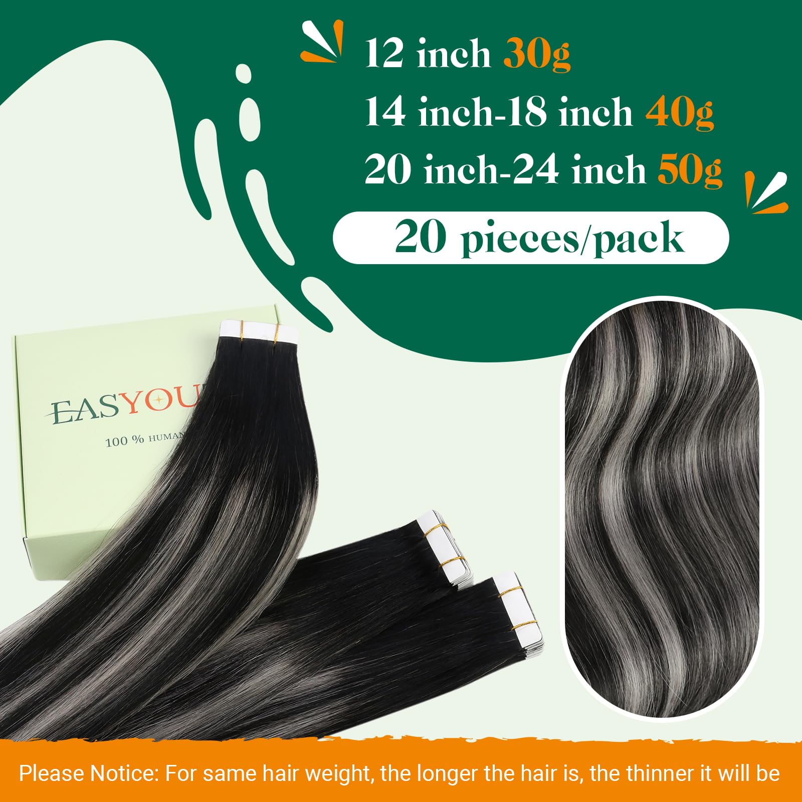 Easyouth Human Hair Tape in Extensions Black Balayage Tape in Human Hair Extensions Ombre Black to Silver Real Tape-in Extension Natural Luster Texture 20 Inch 50g 20Pcs #1B/S/1B - Image 2