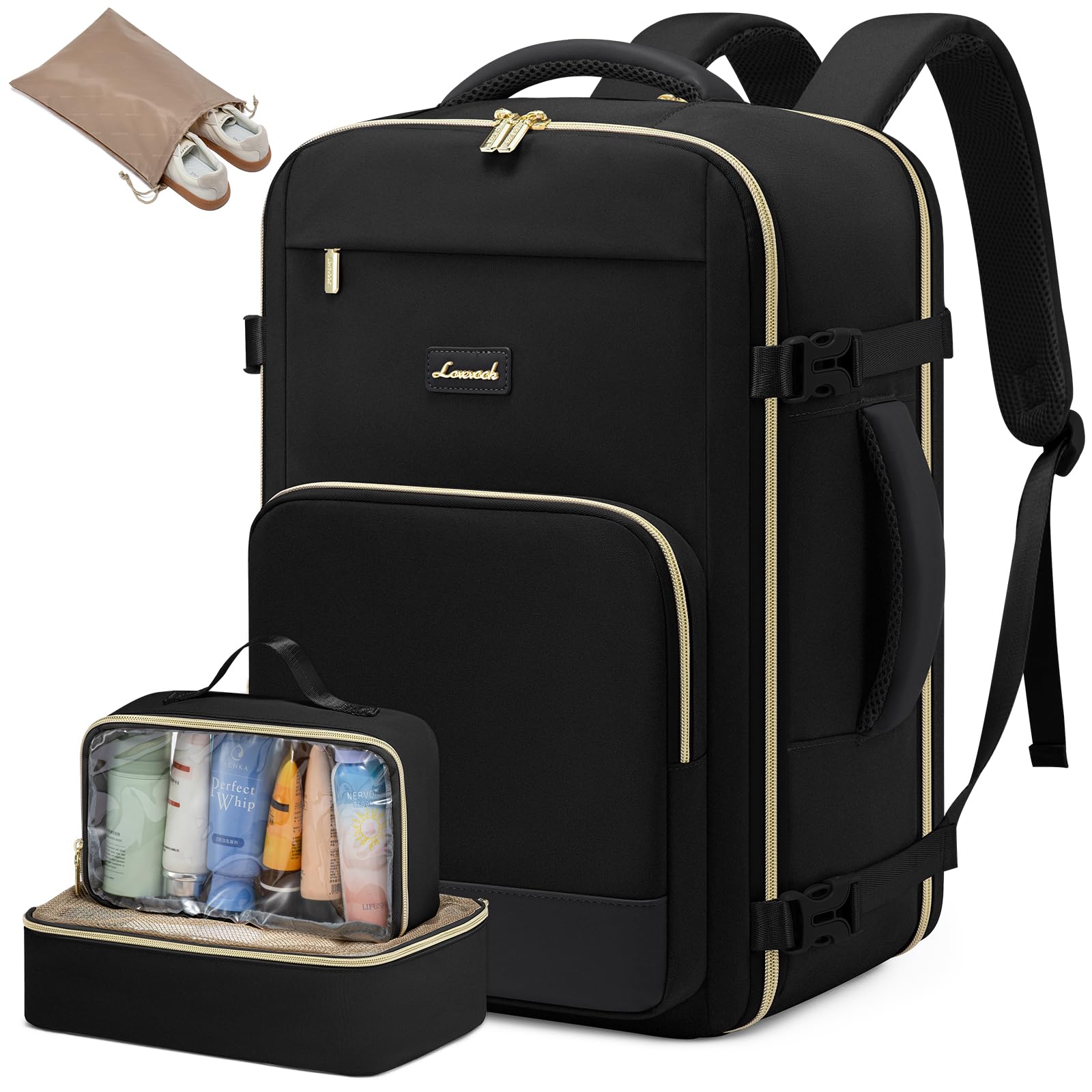 LOVEVOOK Handgepäck Rucksack, 17.3 Zoll Rucksack Handgepäck Flugzeug, Groß Reiserucksack Damen Spritzwasserfest, 40L Travel Backpack, Reise und Business, Urlaub Must Haves - Schwarz