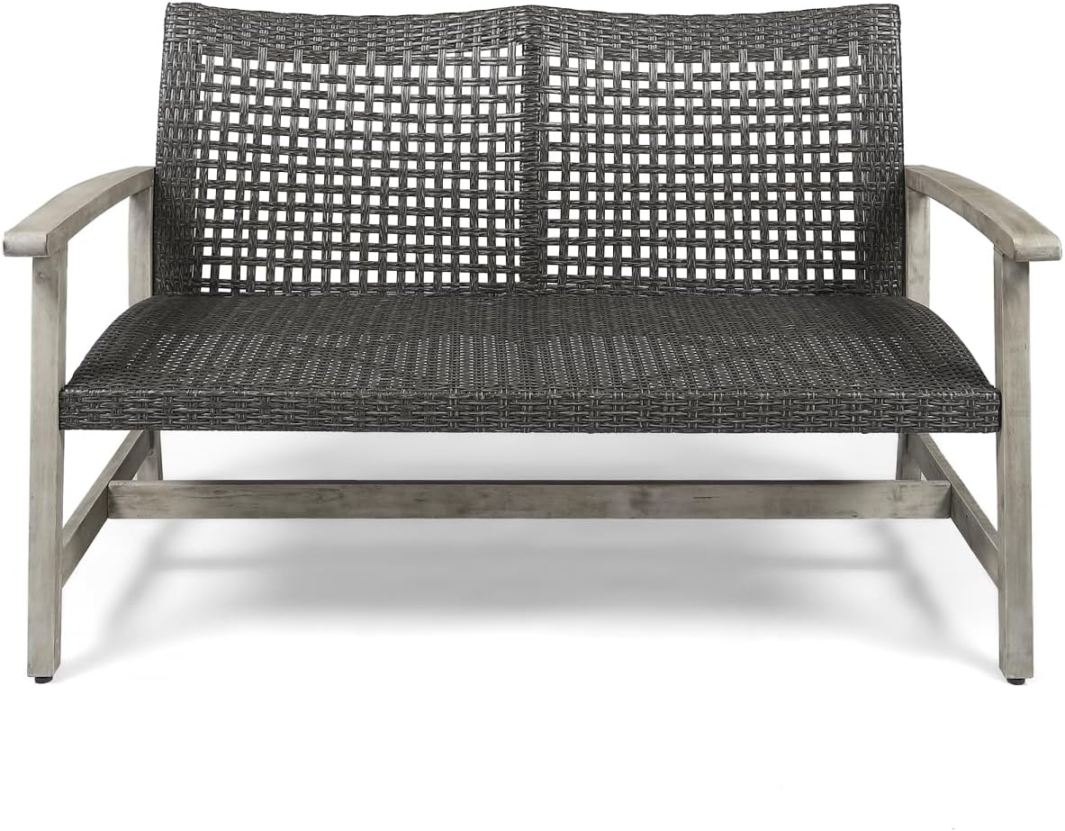 Classic Grey Wood & Wicker Loveseat - Patio Sofa for Relaxing