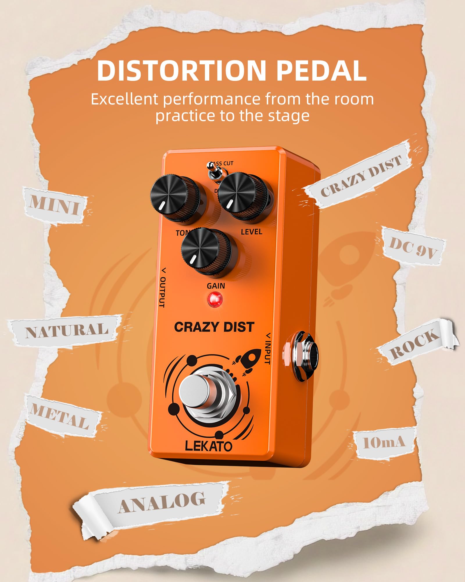 LEKATO Mini pedale distorsione, effetto distorsione, per chitarra elettrica, con due modalità BASS CUT/DIST, pedale analogico per chitarra, Truebypass, DC 9 V