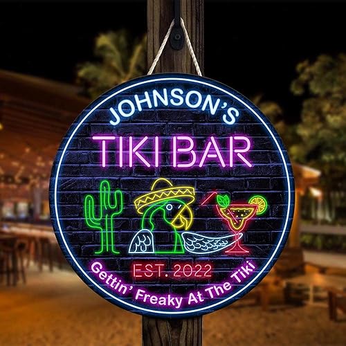 Miniatura 5 de V VIBEPY - Letreros de barra Tiki de neón con luces LED de neón impresas, Gettin' Freaky At The Tiki Signs, letreros de madera de 12 pulgadas, 18