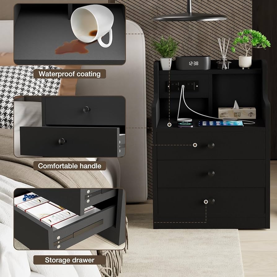 Rcynview Comodino Con Illuminazione A LED, Tavolino Con Ampio Spazio Di Archiviazione, In Legno, Con 3 Cassetti - Foto 11