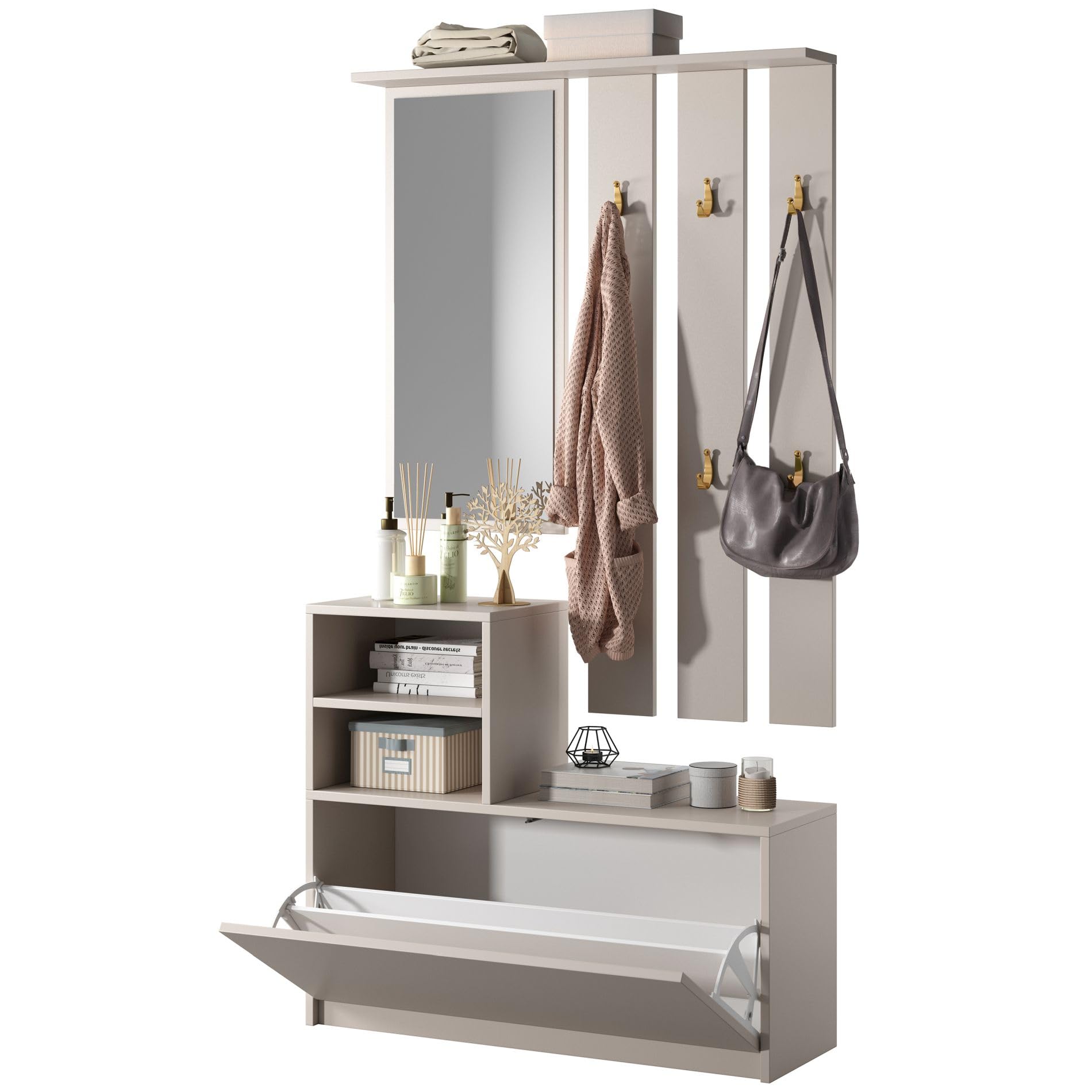 Selsey Yesfir Elegantes Eingangs-Set, 160 x 85 x 24 cm – Anrichte Aufbewahrung Kaschmir mit rechteckigem Spiegel – Regal und Haken in Gold – Schuhschrank für 8 Paar – Push-to-Open – laminierte Platte